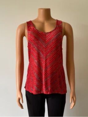 Stylish red striped sleeveless top features lace detailed back